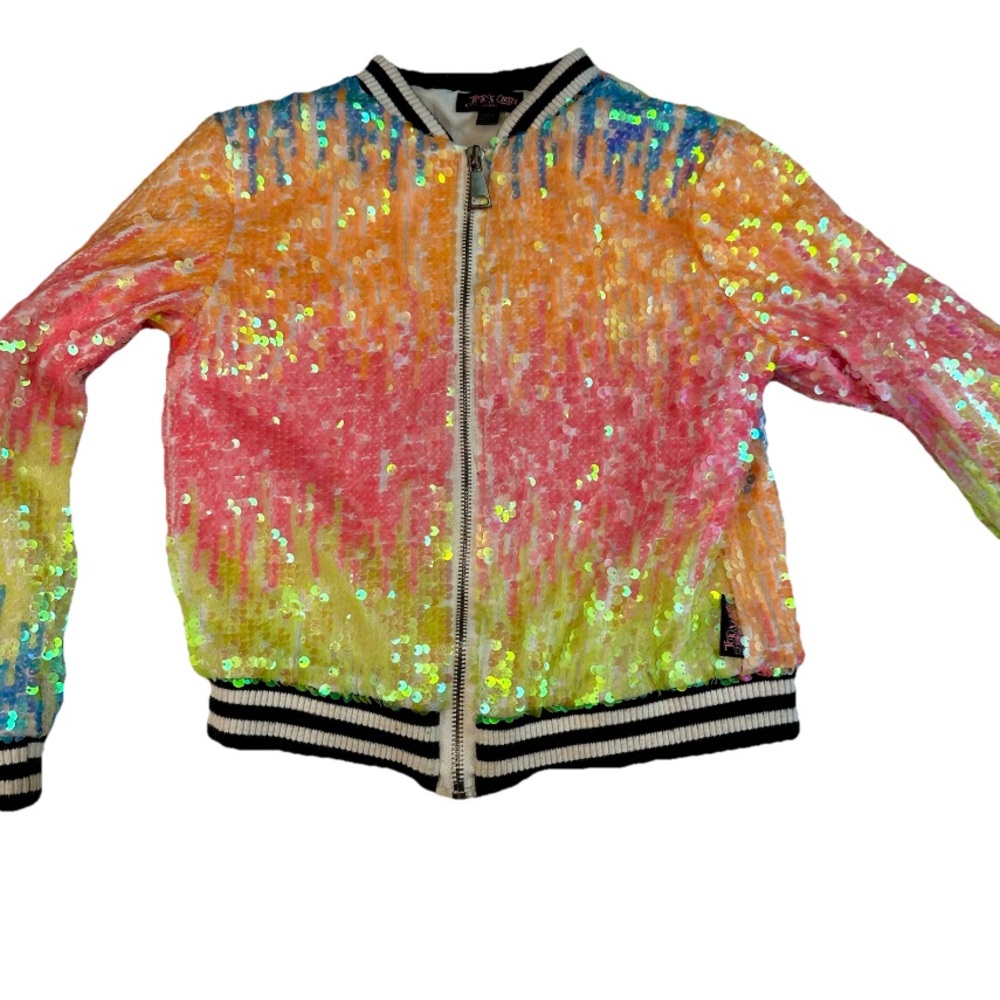 Jojos Closet Nickelodeon Girls Bomber Jacket with Neon Rainbow  Sequin Size 7/8